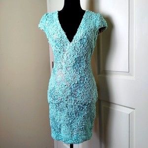 Dress The Population Aqua / Turquoise Sequin and Lace Cocktail Dress